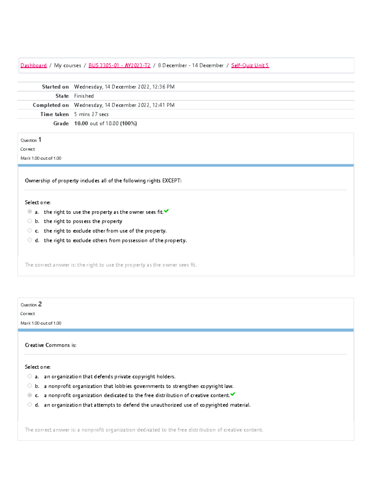 Business Law and Ethics Self-Quiz Review - BUS 3305 - Unit 5 - Studocu