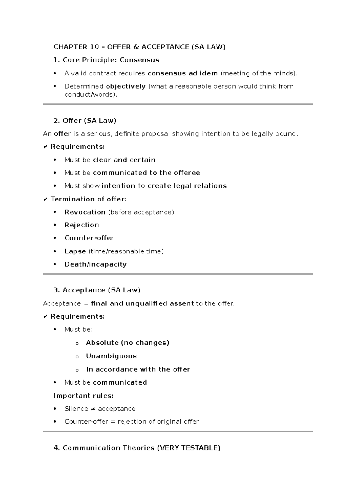 CHAPTER 10 - OFFER AND ACCEPTANCE (SA LAW) SUMMARY NOTES - Studocu