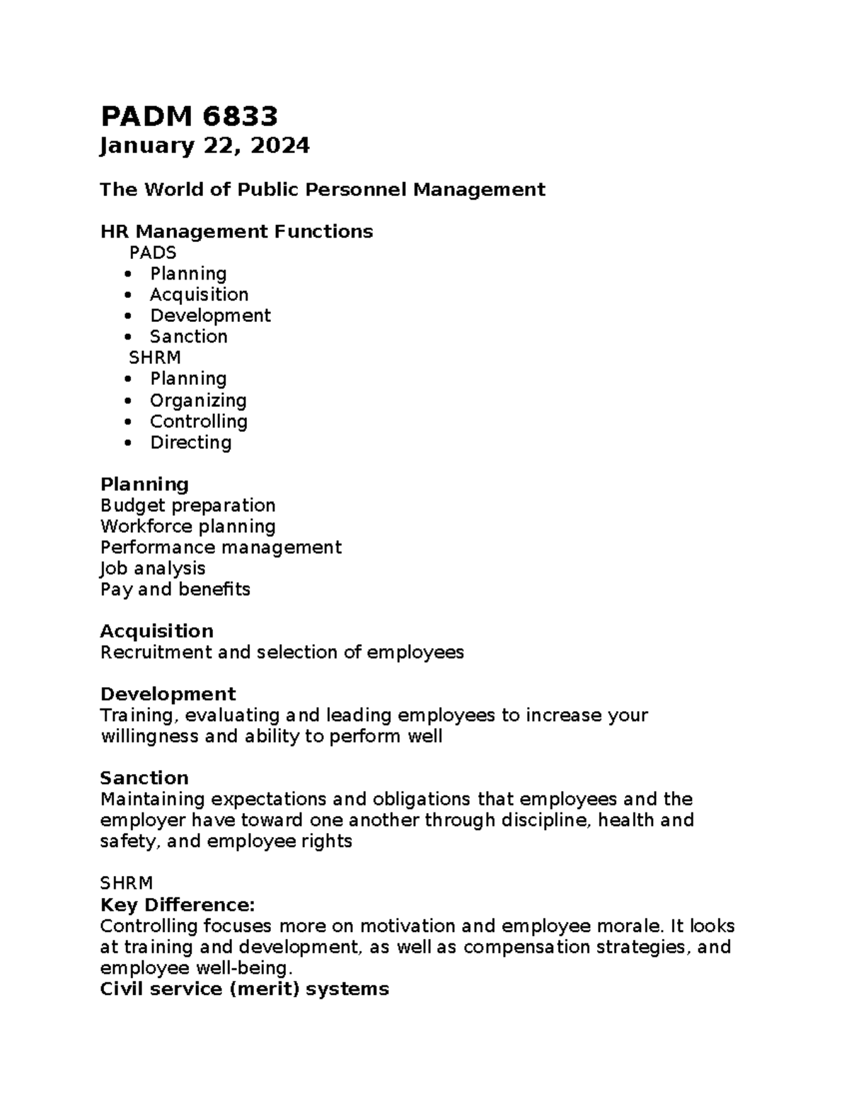 PADM 6833 The World of Public Personnel Management (01-22-24) - PADM ...