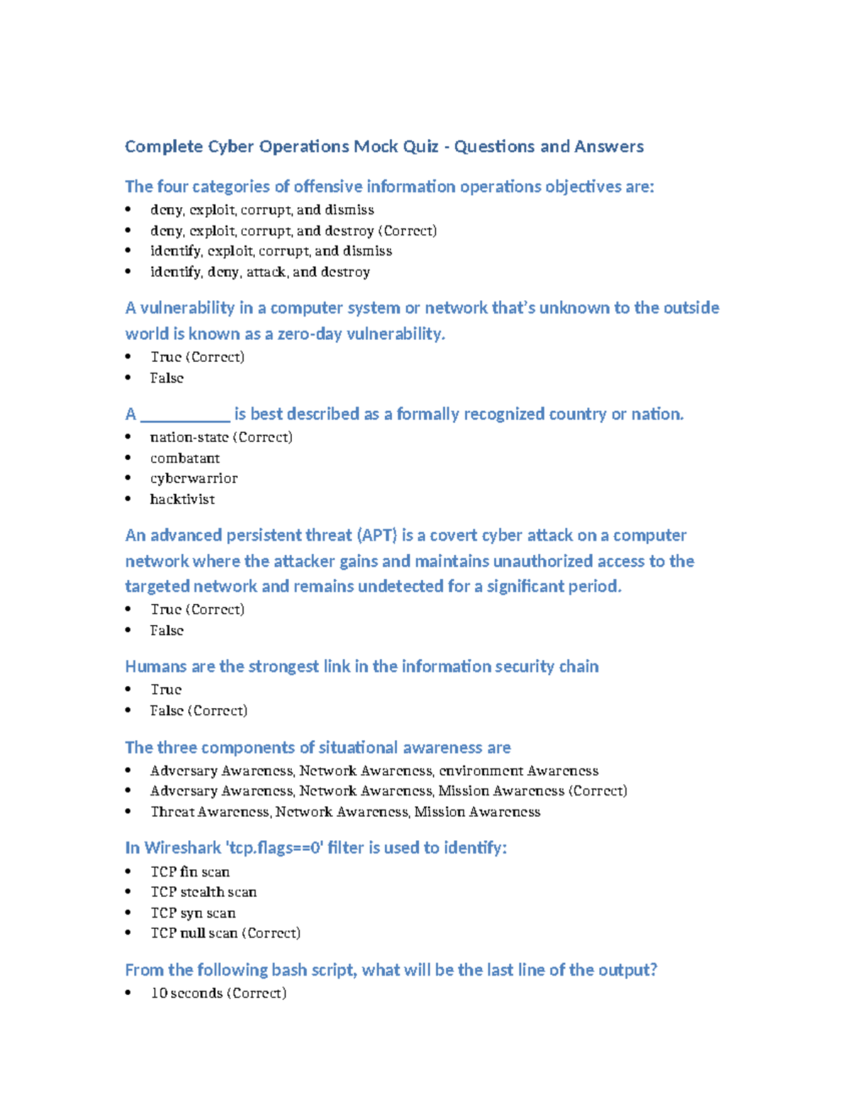Cyber Operations Mock Quiz - Q&A Review Guide for CYO 101 - Studocu