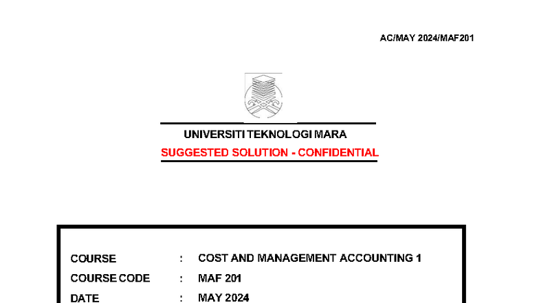 MAF 201 Suggested Solutions for Cost & Management Accounting - Studocu
