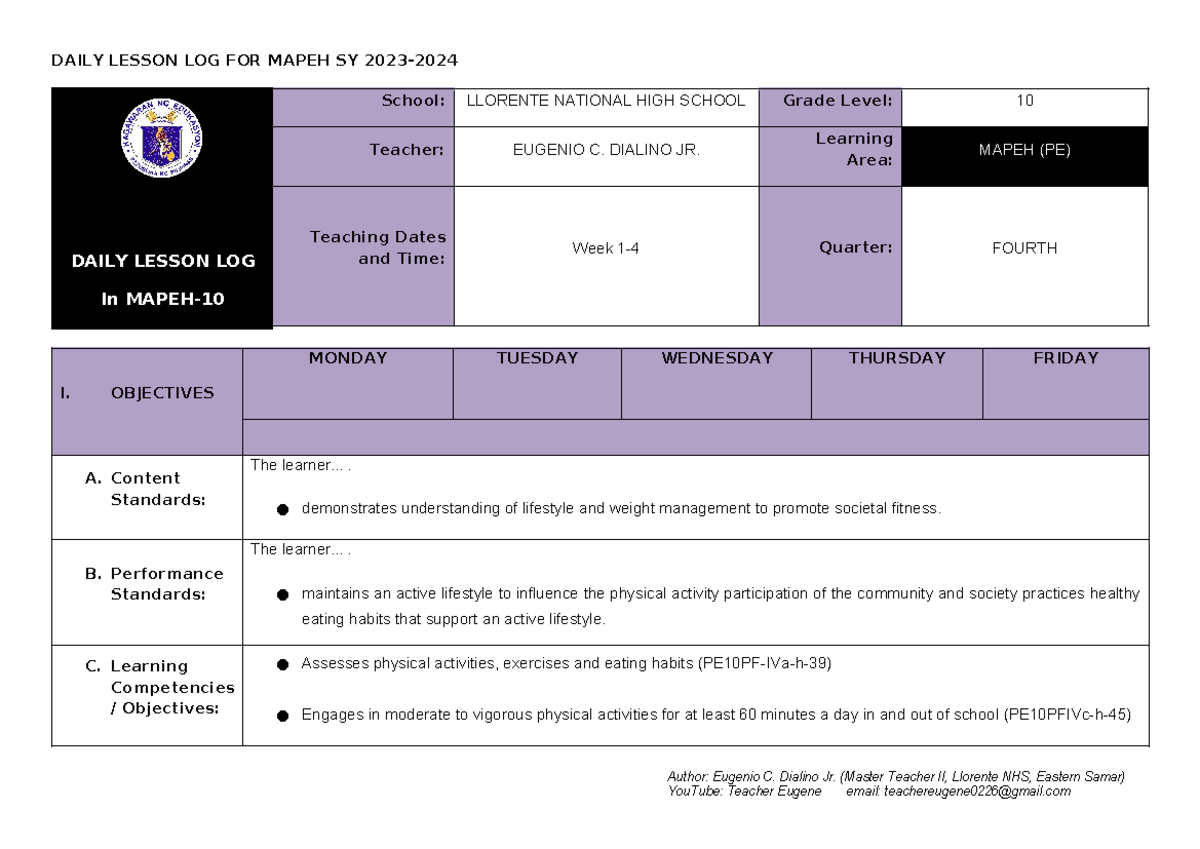 DAILY LESSON LOG FOR MAPEH 10 PE - QUARTER 4 (WEEKS 1-4) - Studocu