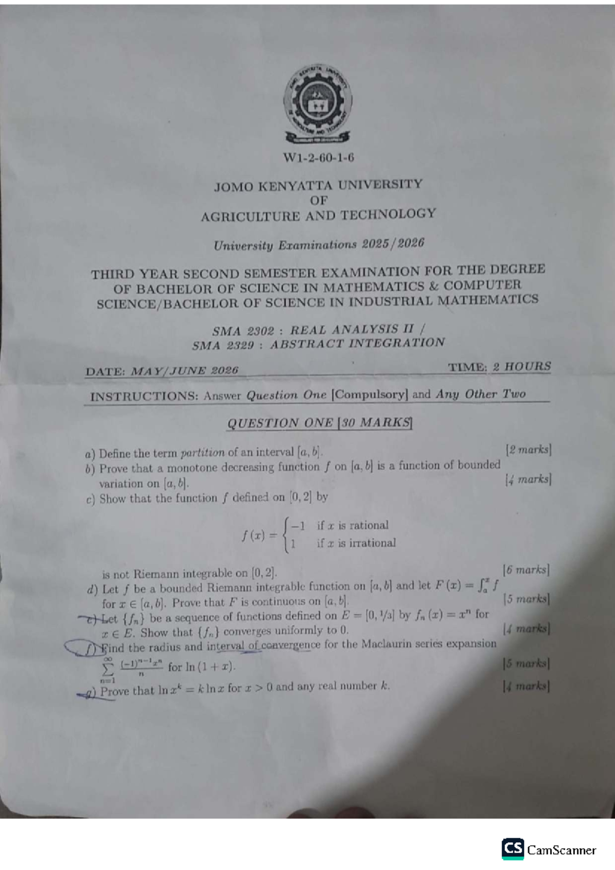 SMA 2302: Real Analysis II Exam Questions and Solutions - Studocu