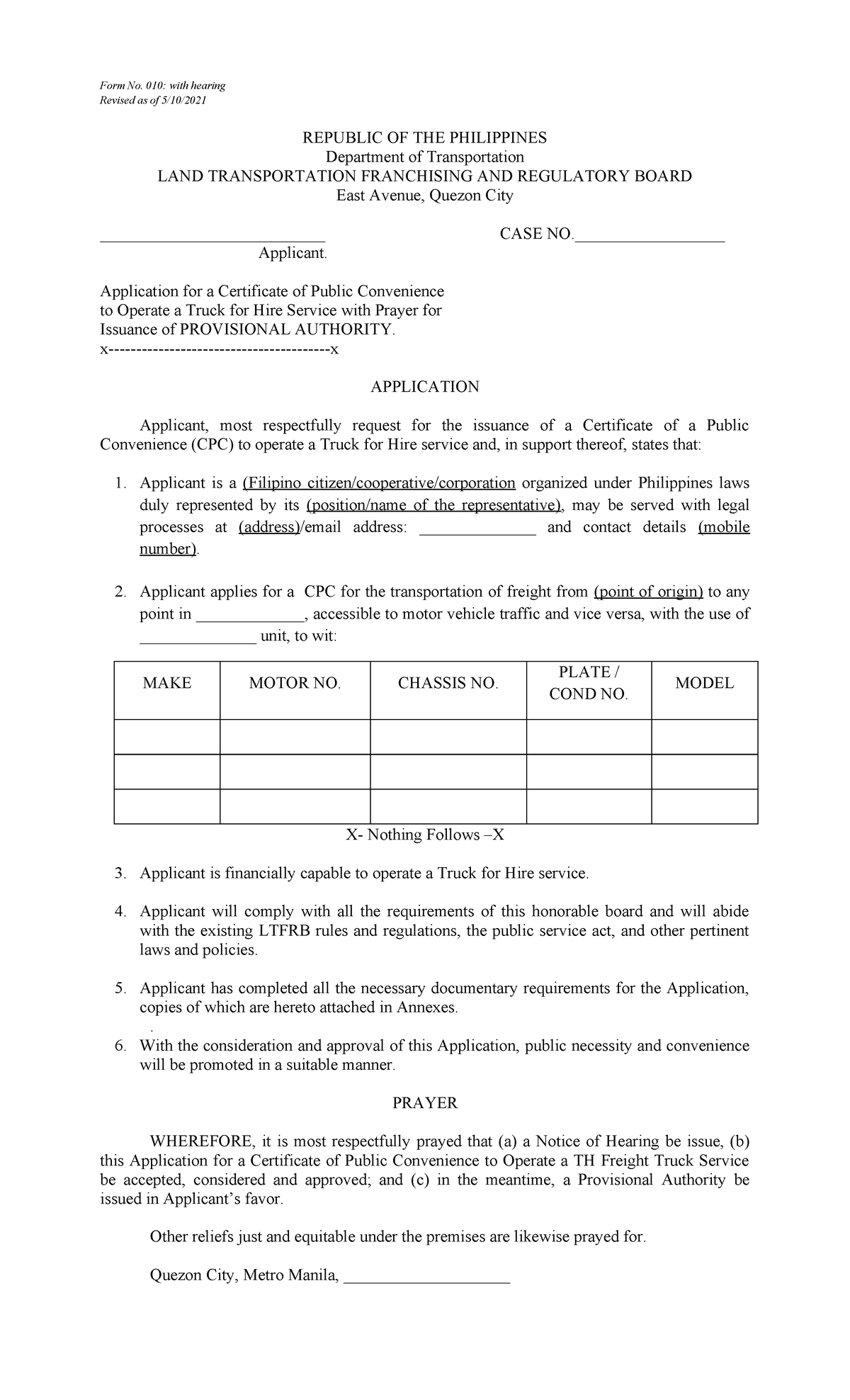 CPC Application for Truck for Hire Service - Notes on Form No. 010 ...