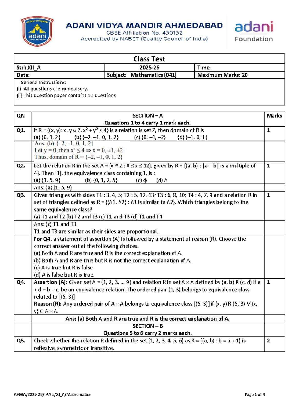 XII_A Mathematics Class Test - 20 Marks - Studocu