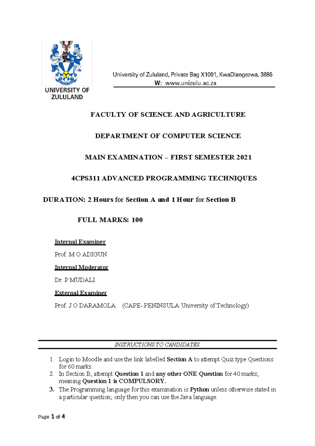 4CPS311 Advanced Programming Techniques - Section B Essay Exam 2021 ...