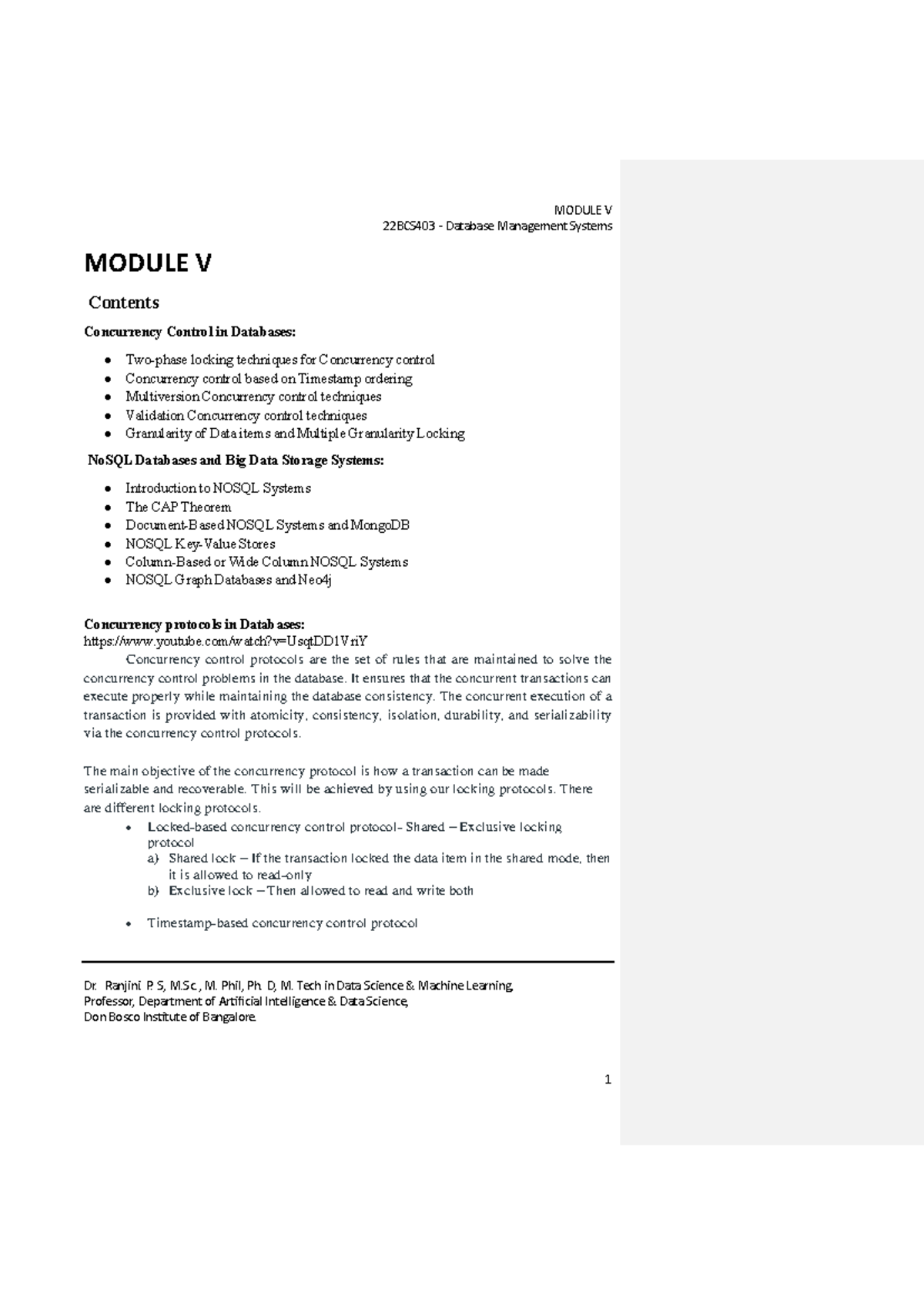 BCS403 - Module V: Concurrency Control & NoSQL Databases - Studocu