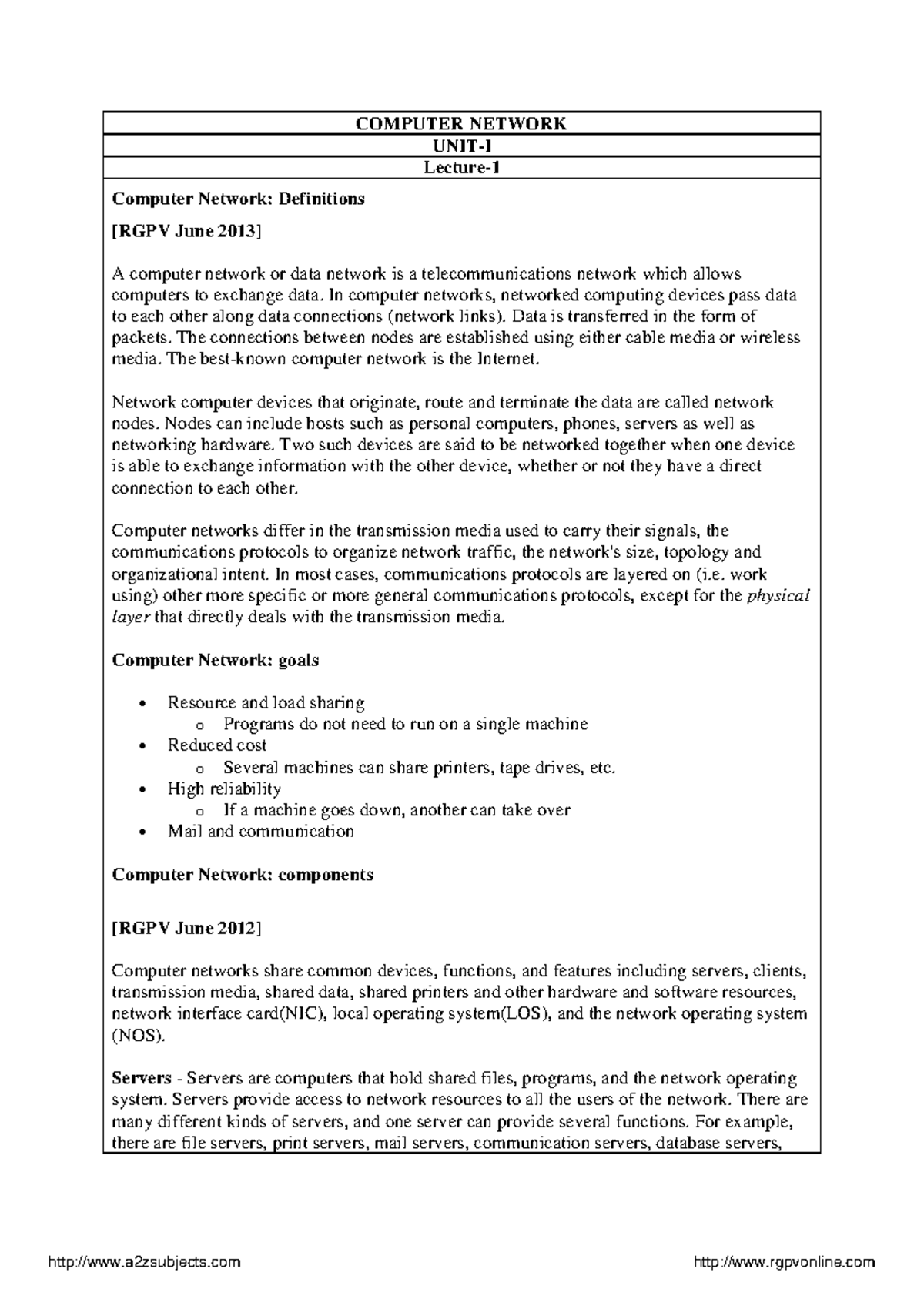 Notes CS 604: Computer Networks Unit 1 - Basics and Components - Studocu