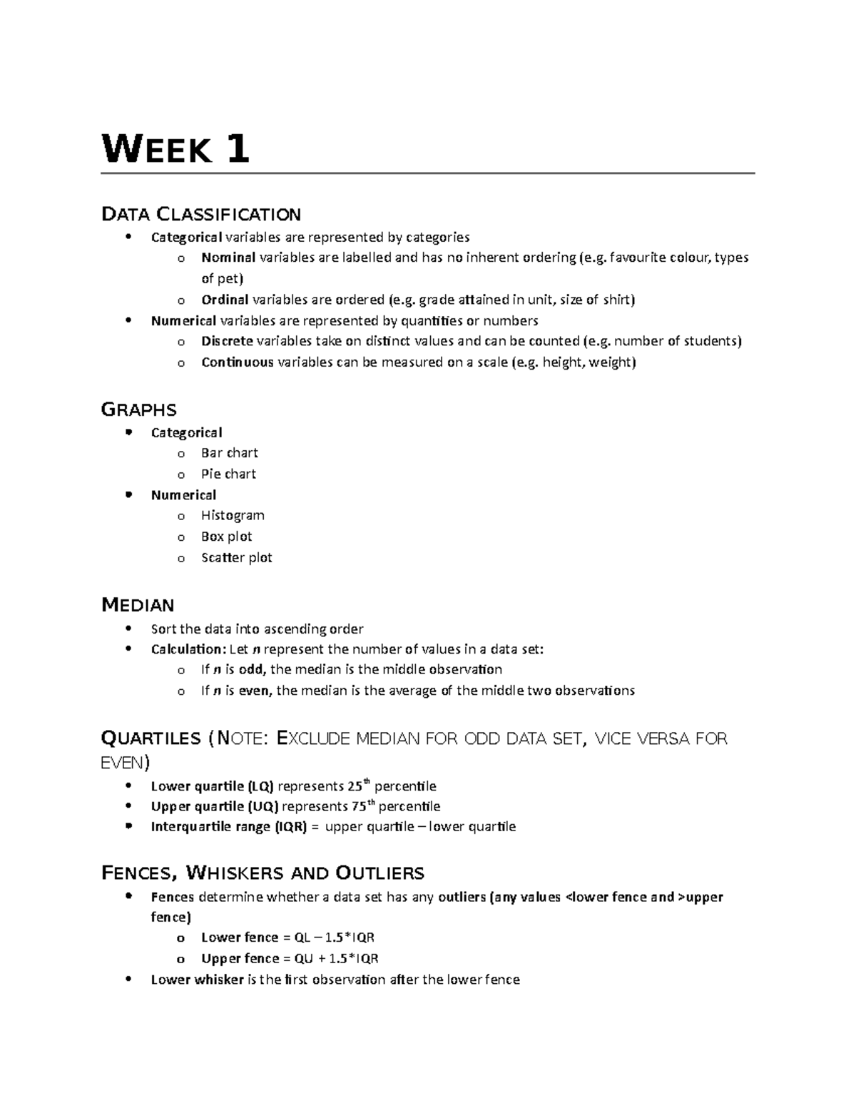 Week 1 - Intro to Statistics - WEEK 1 DATA CLASSIFICATION Categorical ...