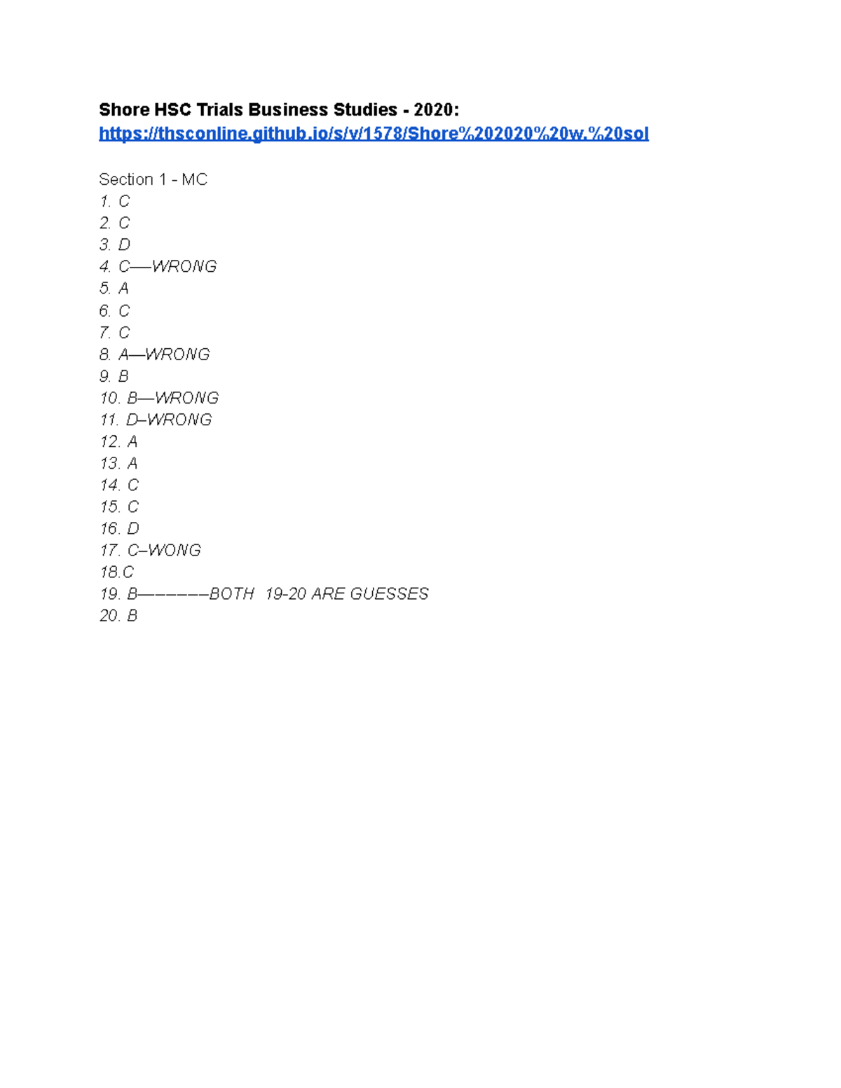 Shore HSC Trials Business Studies 2020: Practice MCQ Answers - Studocu