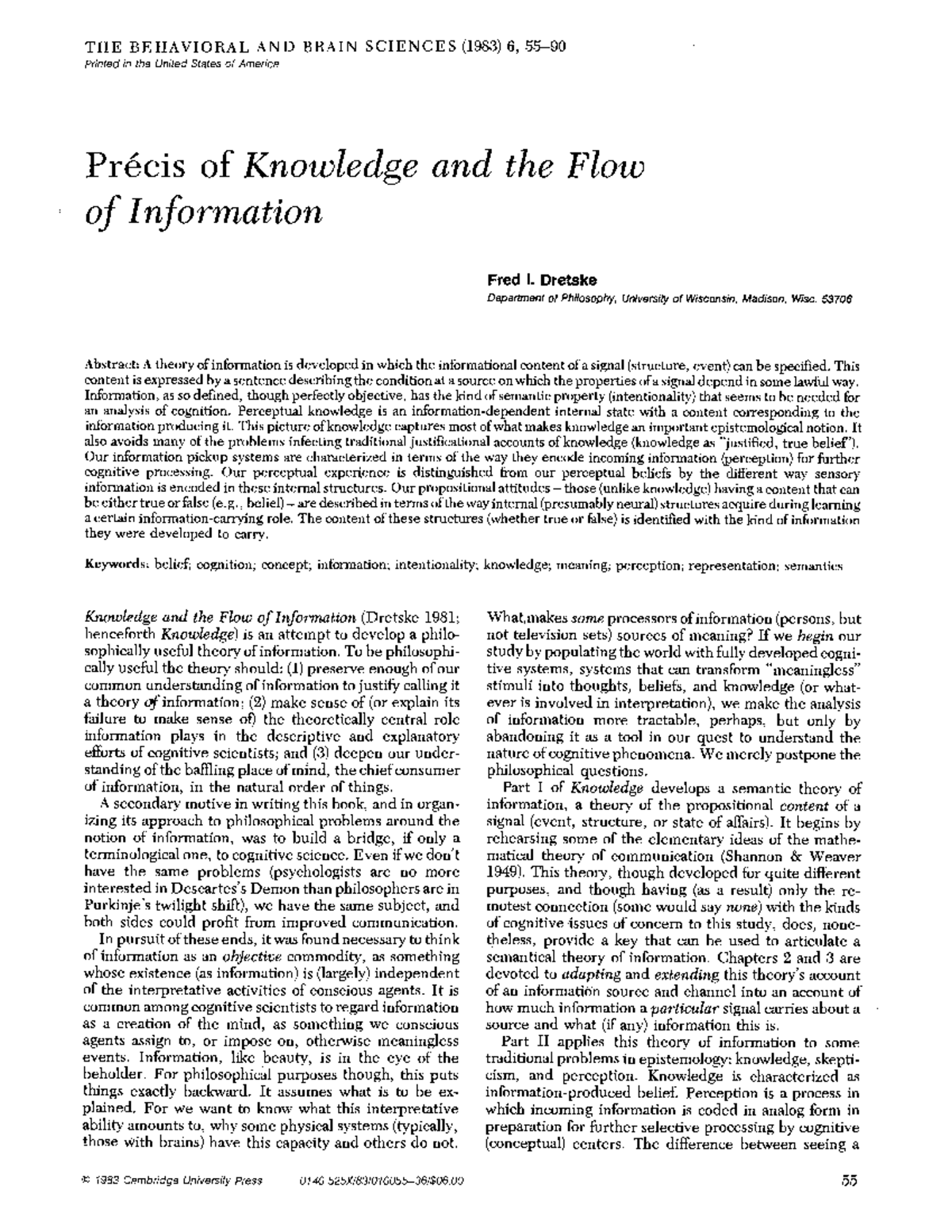 Dretske 1983: Précis on Knowledge and the Flow of Information - Studocu