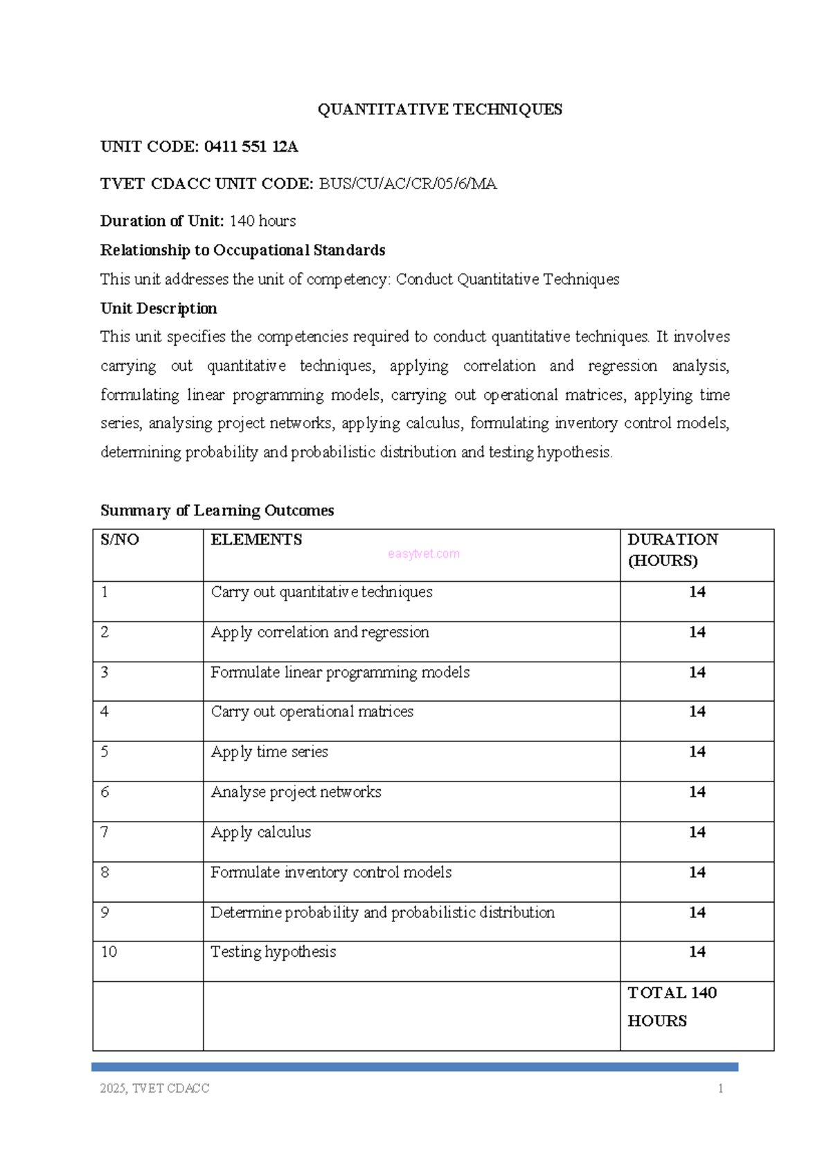 Quantitative Techniques Overview - Unit Code: 0411 551 12A - Studocu