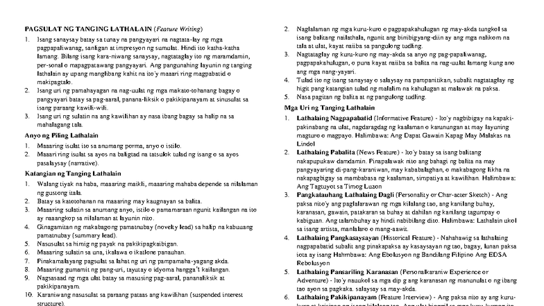PAGSULAT NG TANGING LATHALAIN (Feature Writing) - Mga Kaalaman at ...