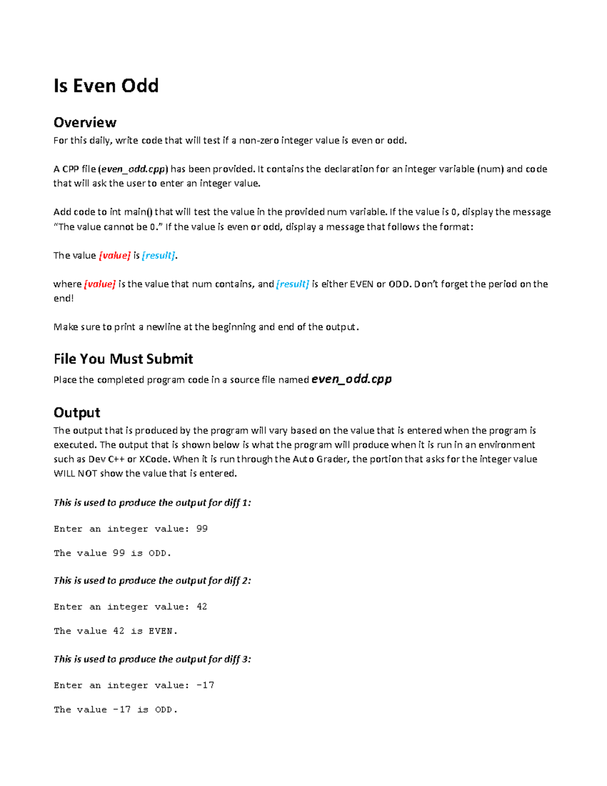 IS EVEN ODD - CPP Daily Assignment Code Instructions - Studocu
