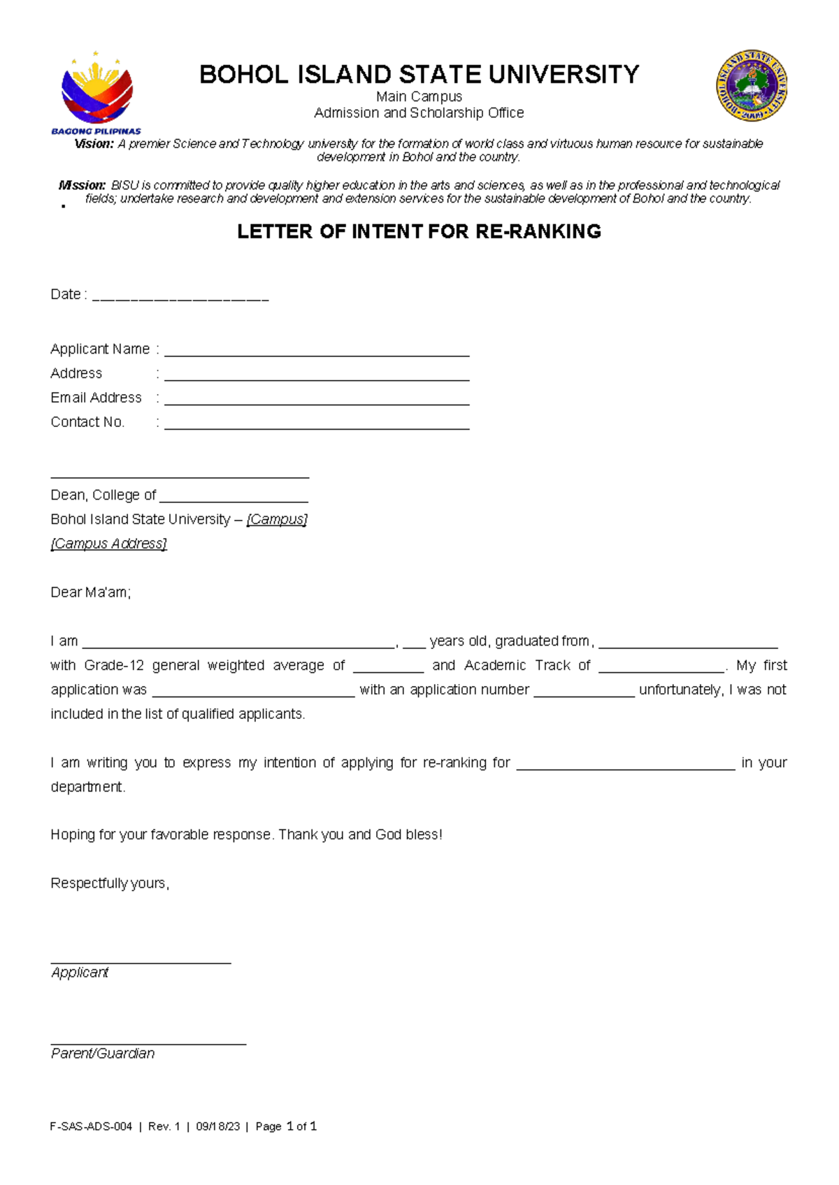 F-SAS-ADS-004 Letter of Intent for Re-Ranking Application - Studocu