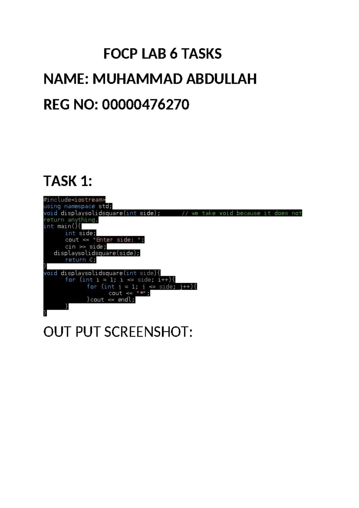 FOCP LAB 6 Tasks Solutions by Muhammad Abdullah - Code Examples - Studocu
