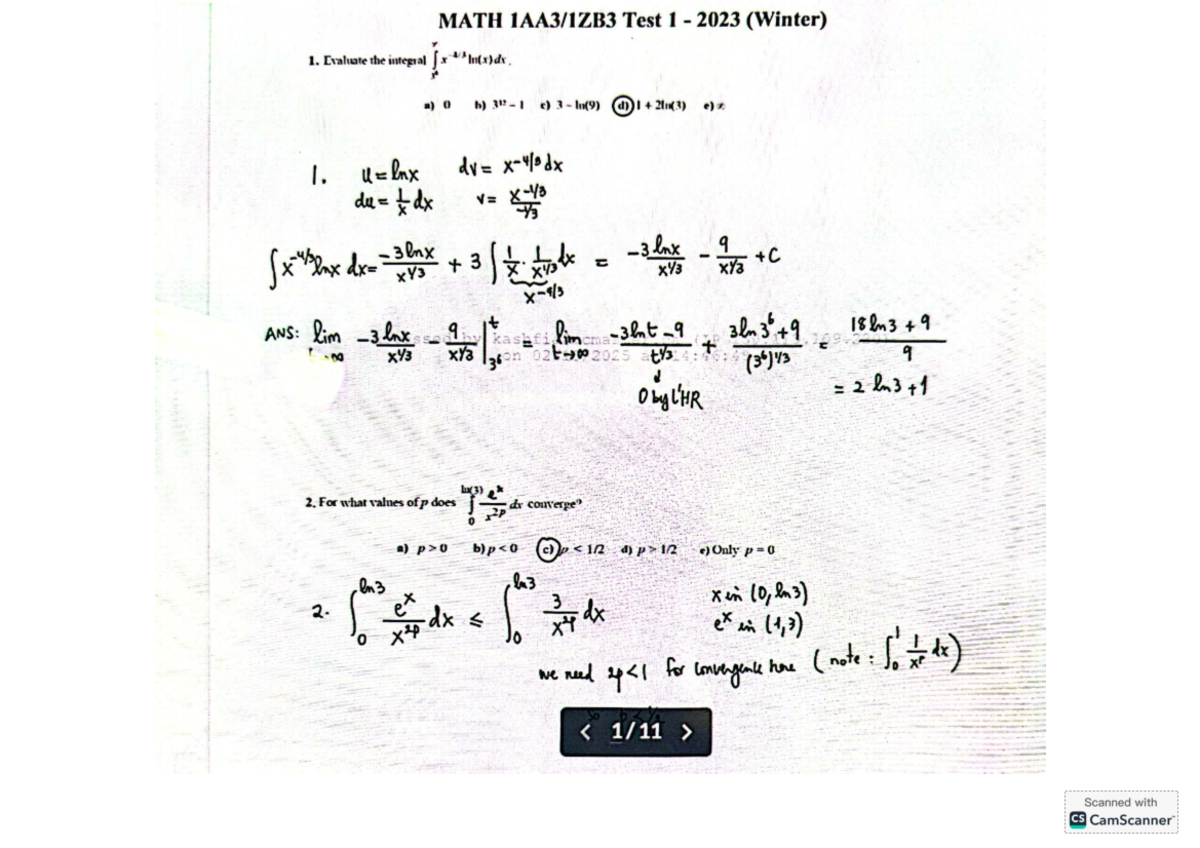MATH 1 Test 1 Review 2023 - Integral and Series Evaluation - Studocu
