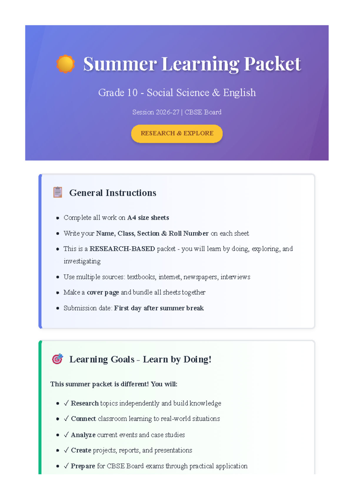 Summer Learning Packet - Grade 10 Social Science CBSE 2026-27 - Studocu
