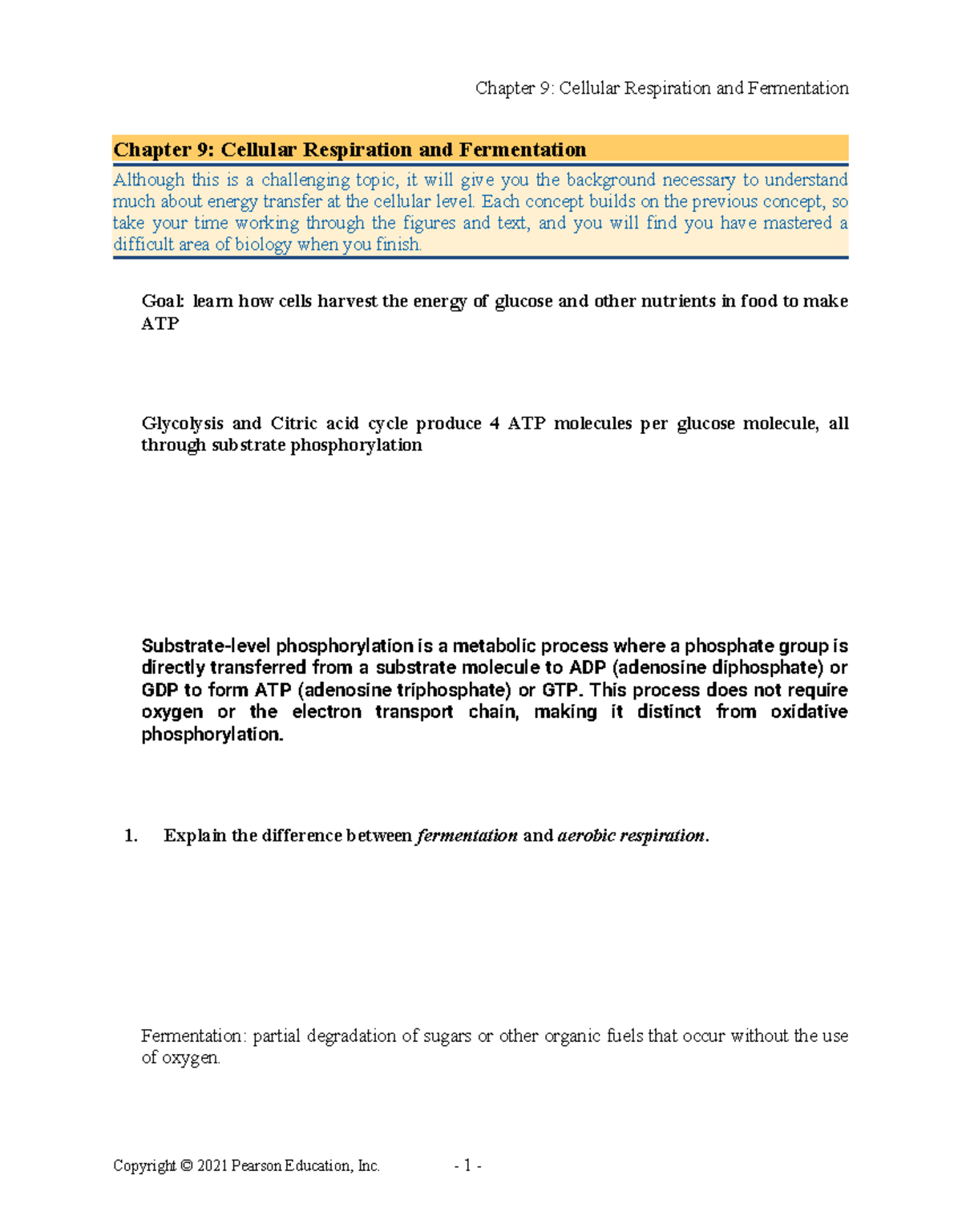 Chapter 9 Study Notes: Cellular Respiration & Fermentation (BIO101 ...