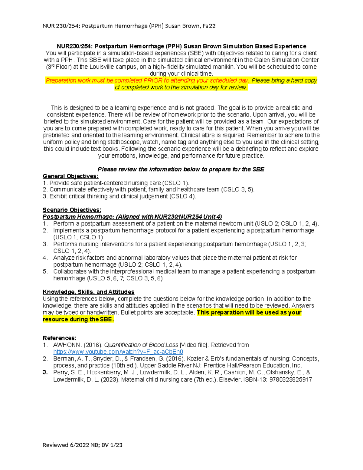 NUR230.254 Final Exam Prep: PPH Simulation-Based Experience Fa22 - Studocu