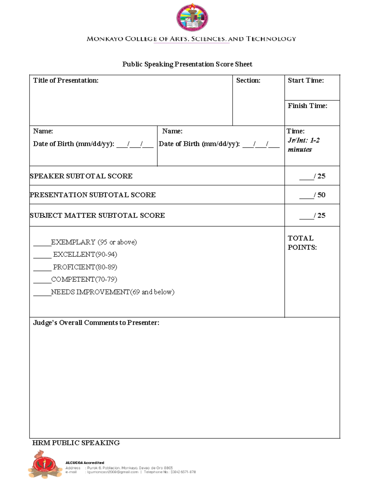 Public Speaking Presentation Score Sheet & Rubric - Public Speaking ...