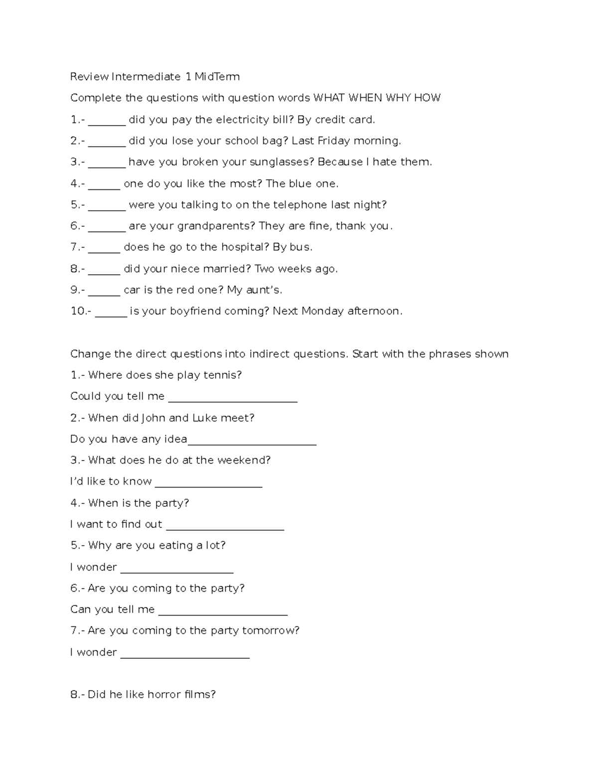 Review Intermediate 1 Midterm: Question Words & Indirect Questions ...