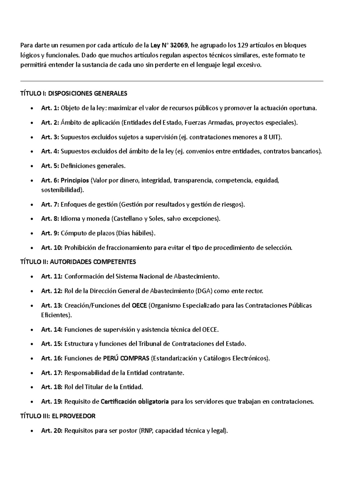 Resumen de la Ley 32069: Artículos y Disposiciones Clave - Studocu