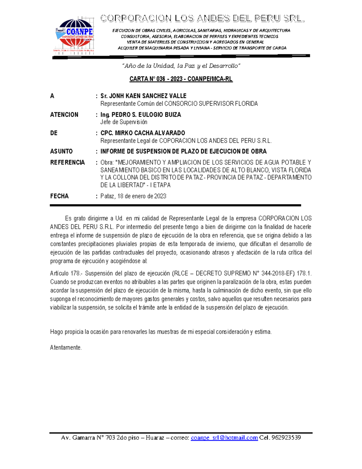 Informe N°02-2023: Suspensión de Plazo de Ejecución por Lluvias - Document Preview