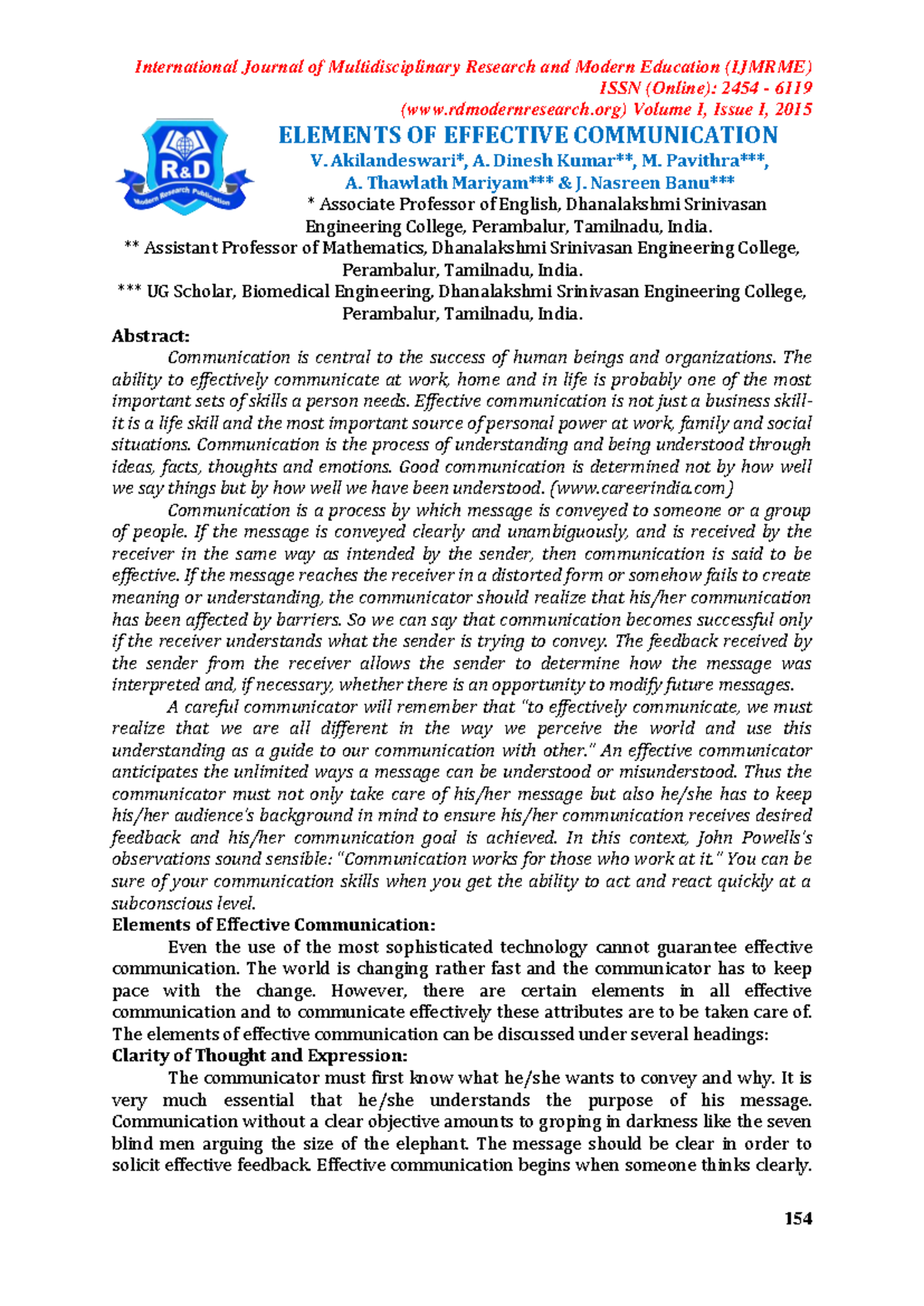Elements of Effective Communication: Insights and Techniques (IJMRME ...