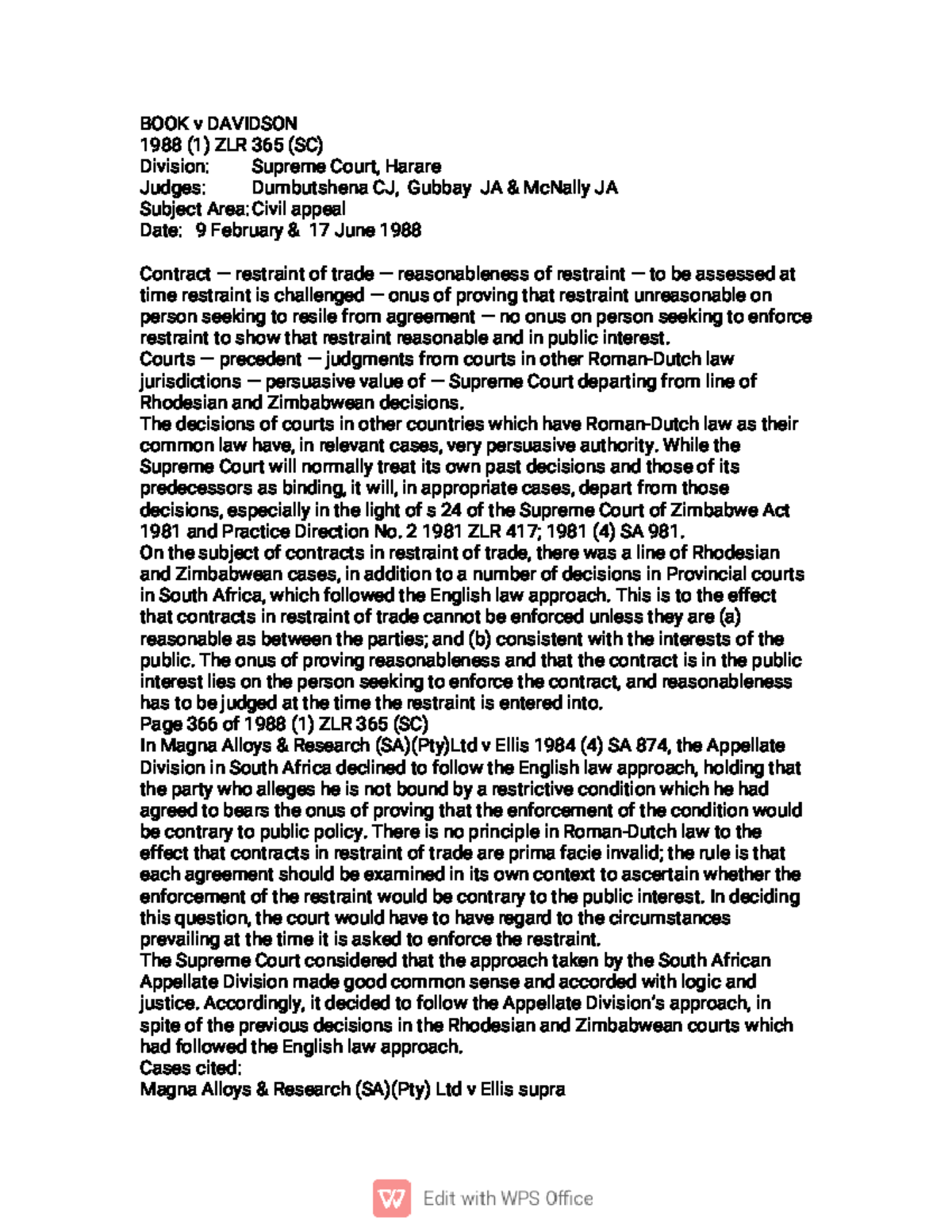 BOOK v DAVIDSON 1988 (1) ZLR 365 (SC) - Locus Classicus on Restraint of ...
