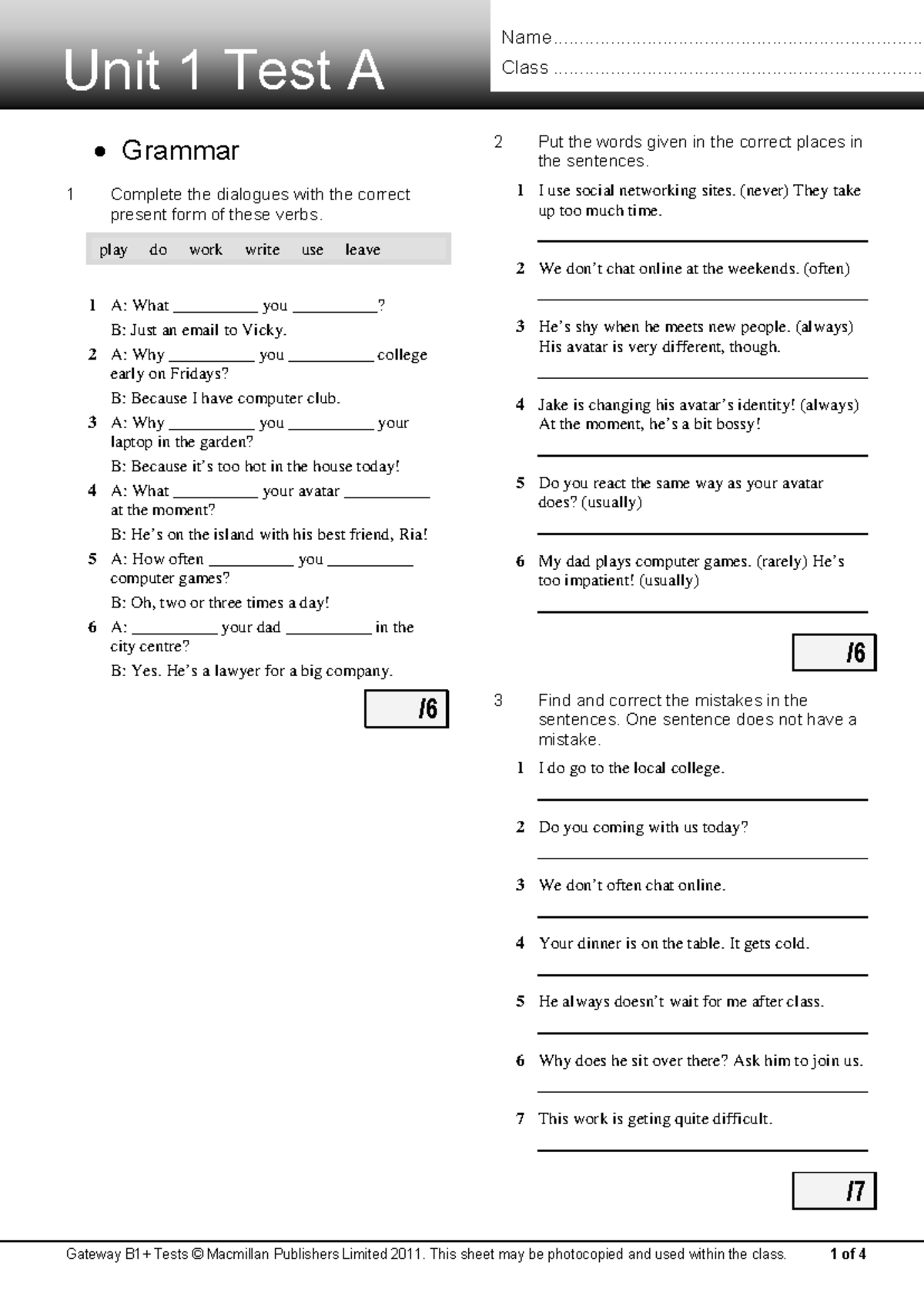 Unit 1 Test - Gateway B1+ Evaluation & Answer Key - Studocu