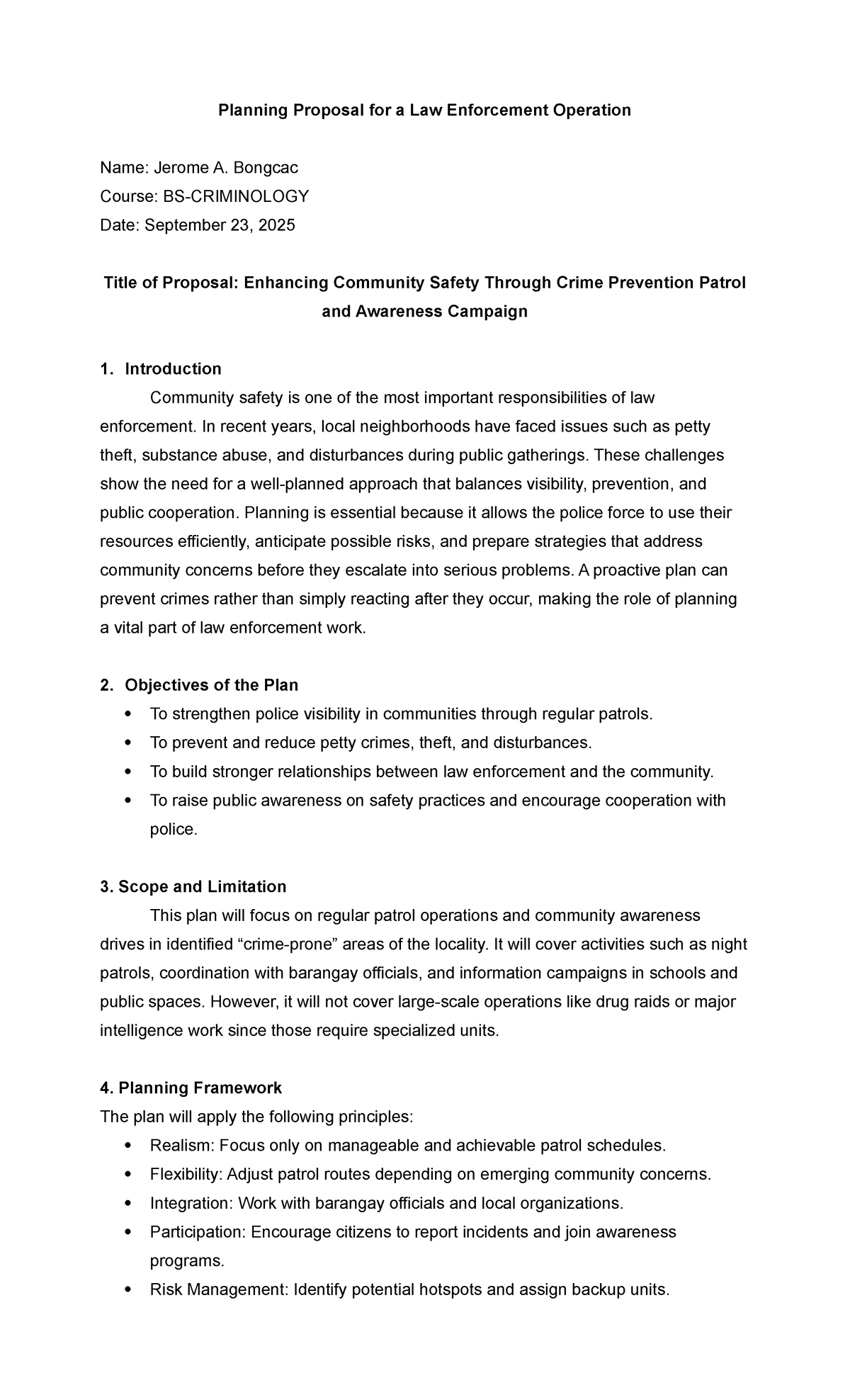 Planning Proposal for Law Enforcement Operation: Enhancing Community ...