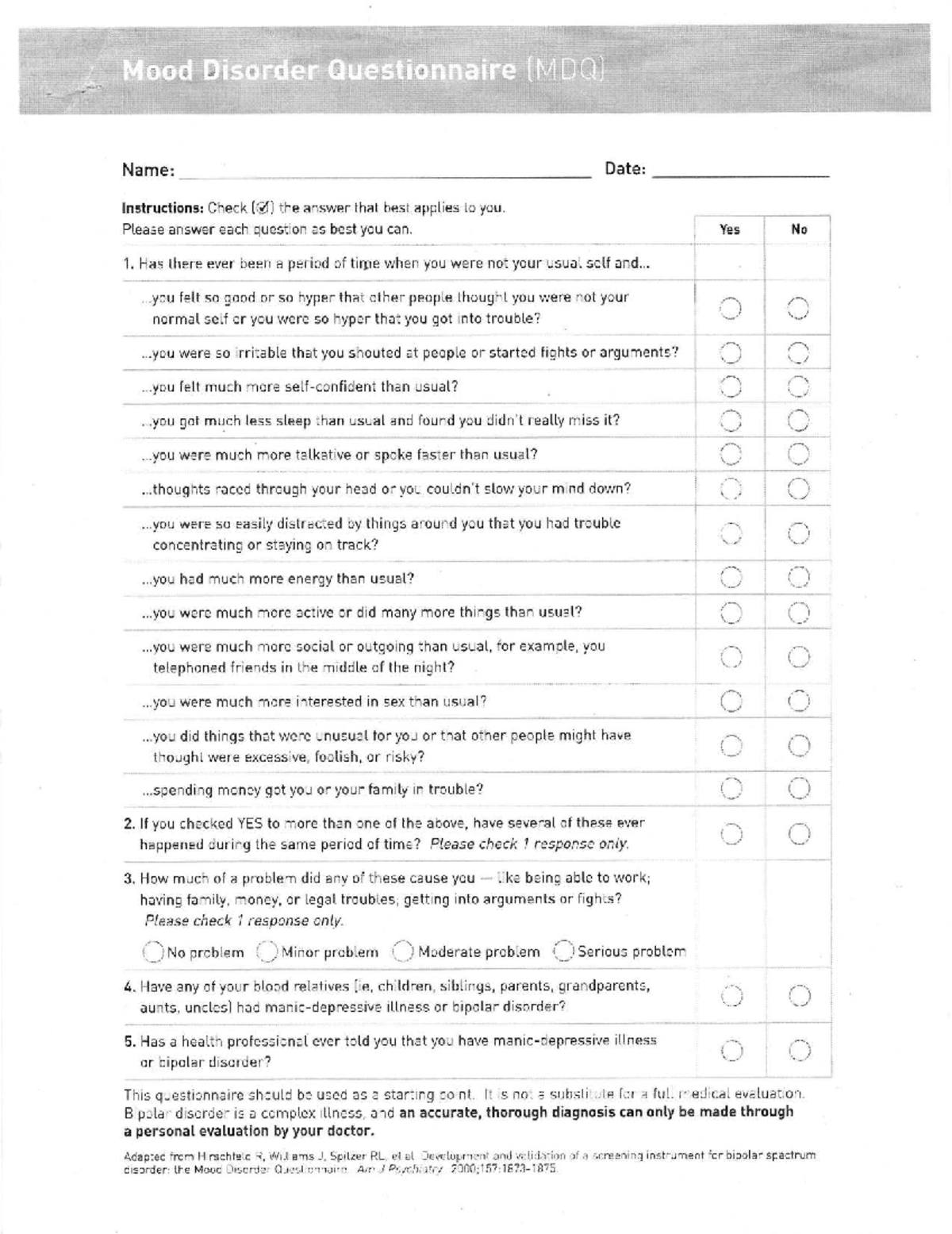 Mood Disorder Questionnaire (MDQ) for Bipolar Screening - Studocu