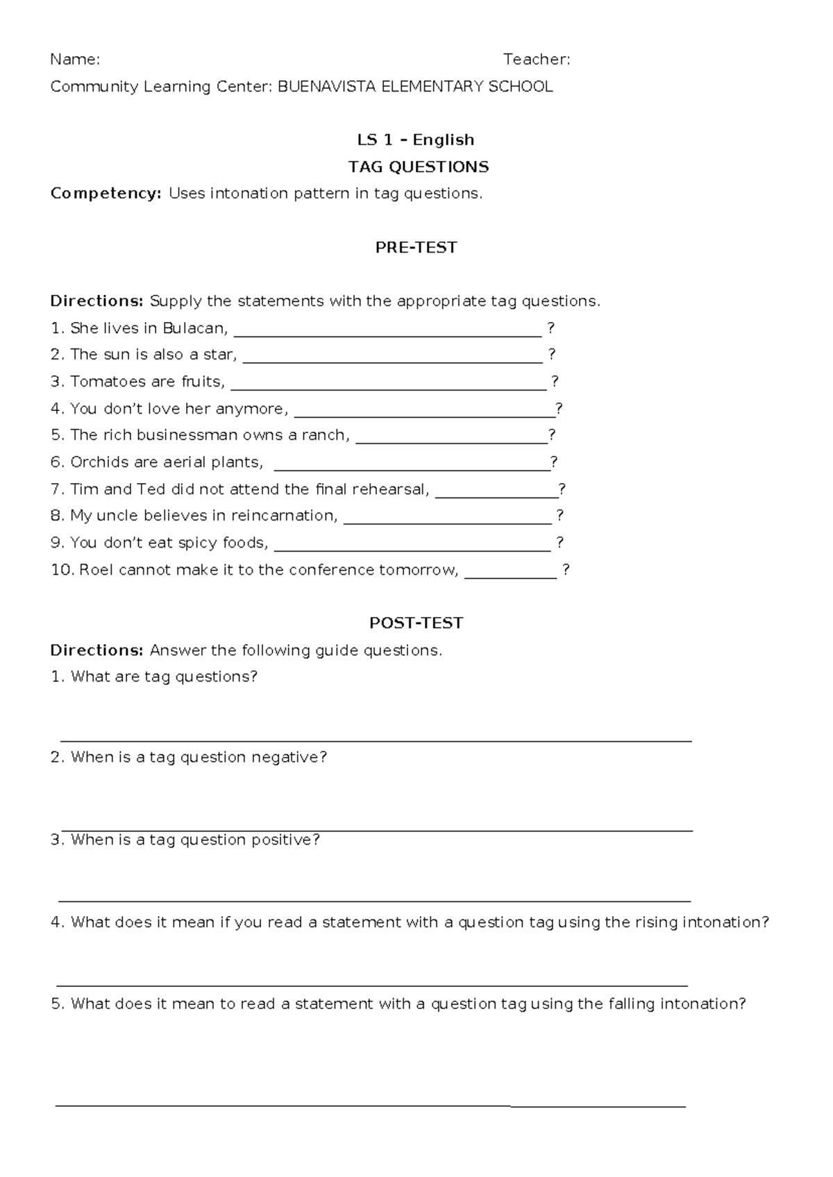 LS 1 - TAG Question ( English) - Name: Teacher: Community Learning ...