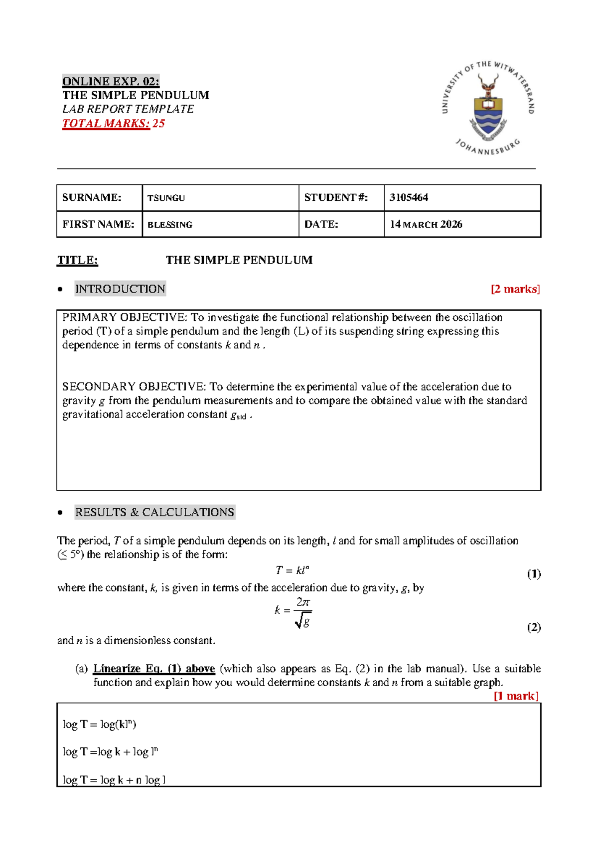 ONLINE EXP. 02: SIMPLE PENDULUM LAB REPORT TEMPLATE - Studocu