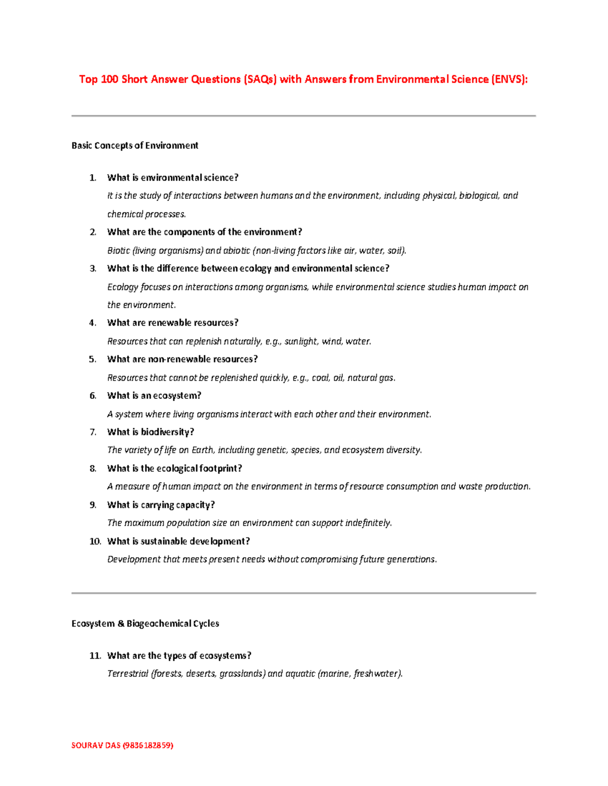 CVAC ENVS 222 - Top 100 Environmental Science SAQs with Answers - Studocu
