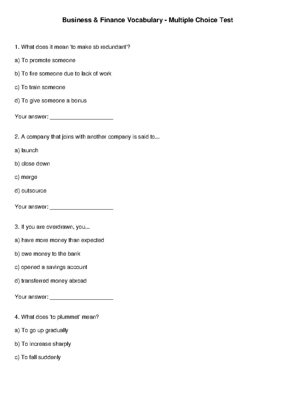 Business Finance Vocabulary MC Test - Key Terms & Definitions - Studocu