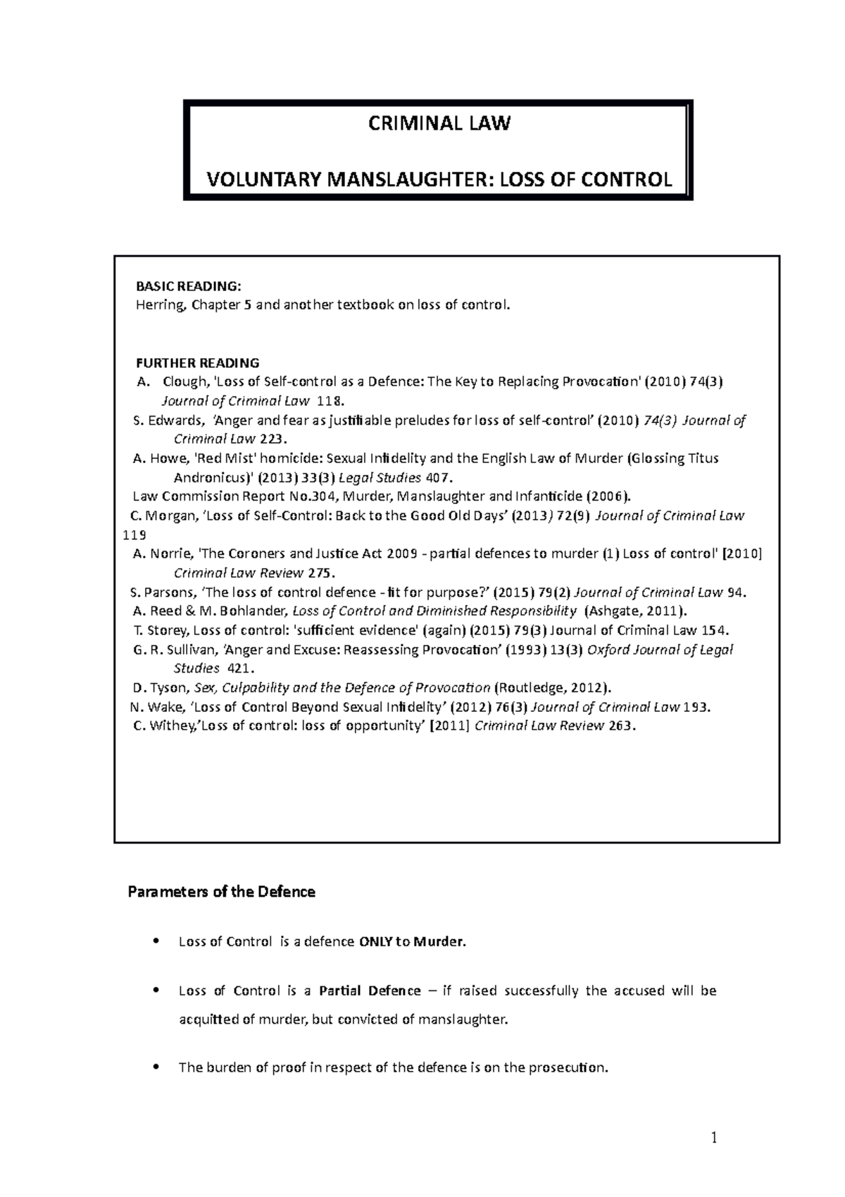 CRIMINAL LAW (CL202) - Voluntary Manslaughter: Loss of Control Overview ...