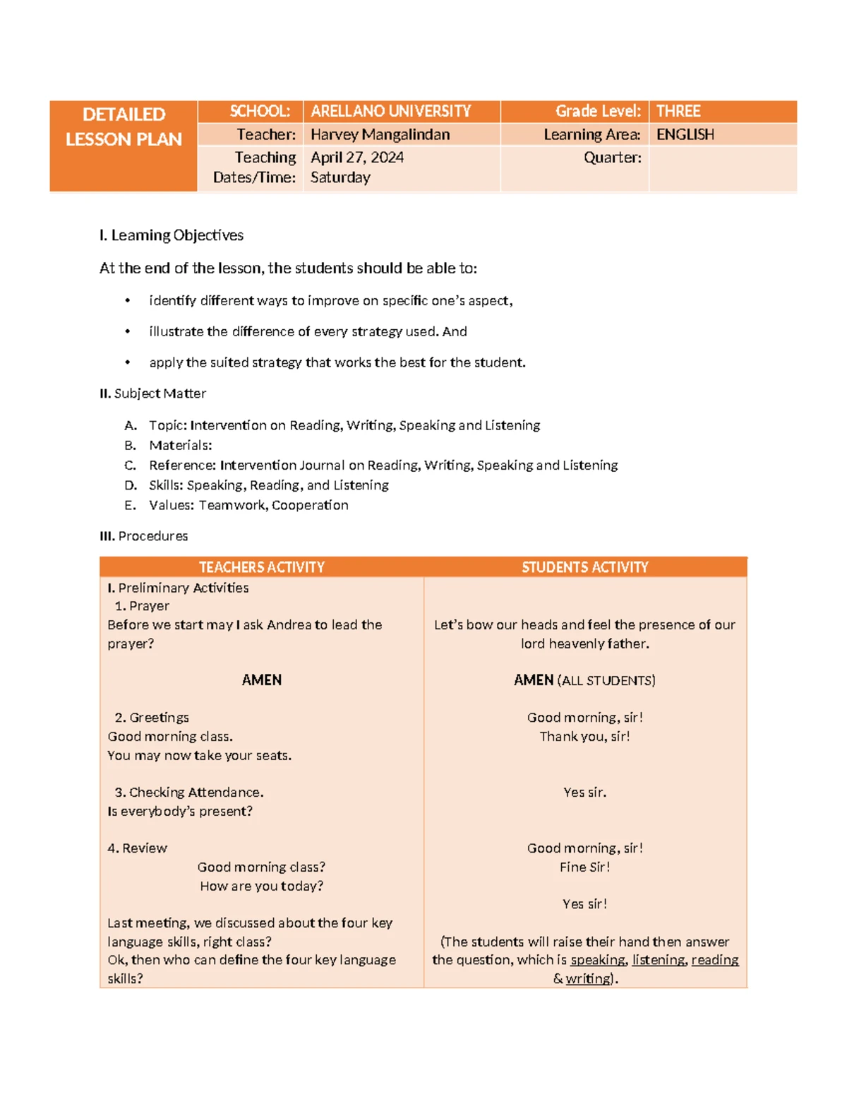 Detailed Lesson Plan for Remedial Writing Skills (Grade Level) - Studocu