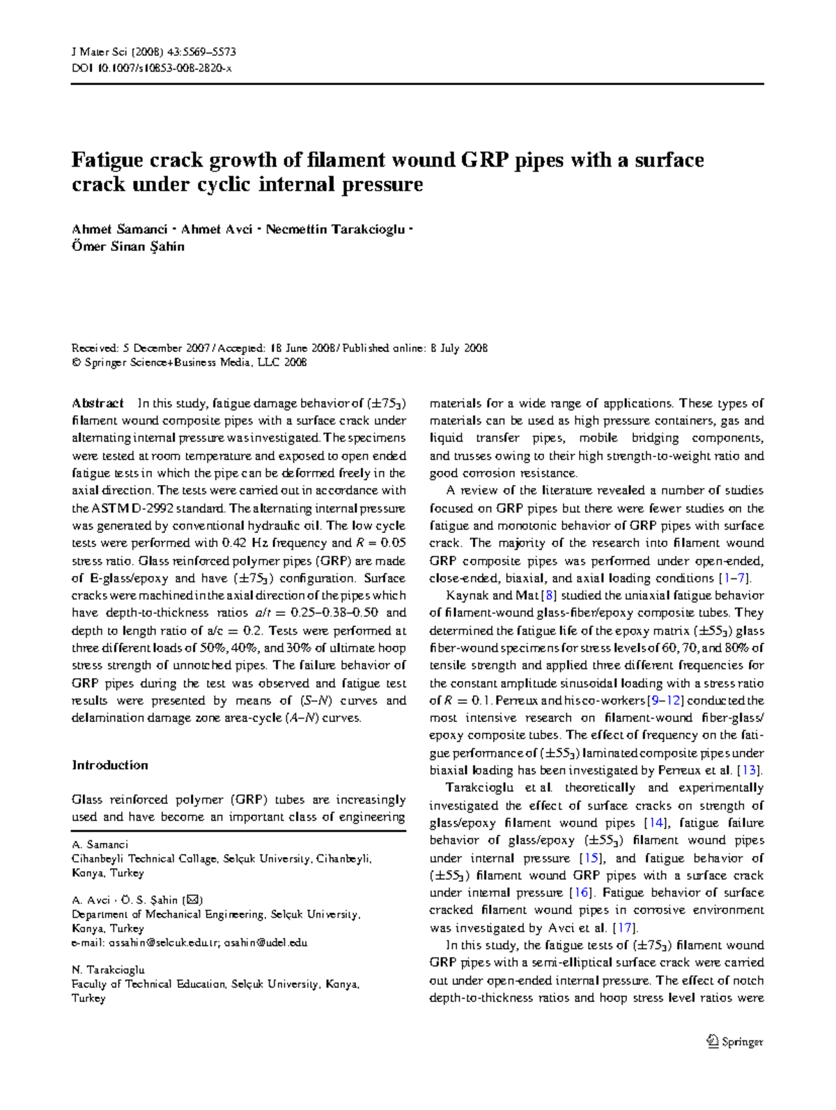 Fatigue Crack Growth in Filament Wound GRP Pipes under Cyclic Pressure ...