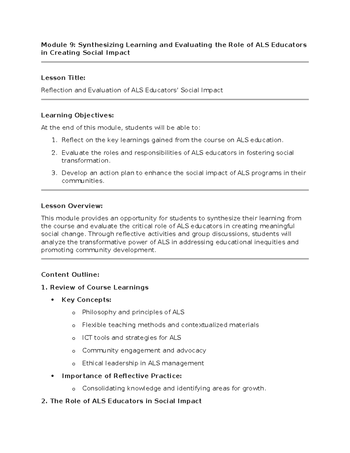 Module 9: Reflection on ALS Educators' Social Impact - Studocu