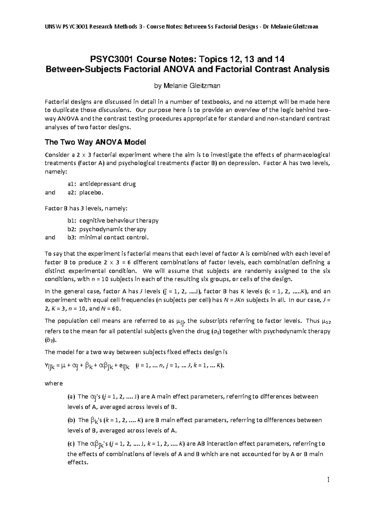 PSYC3001 Course Notes Topics 12, 13 and 14 - Between Ss Factorial ...