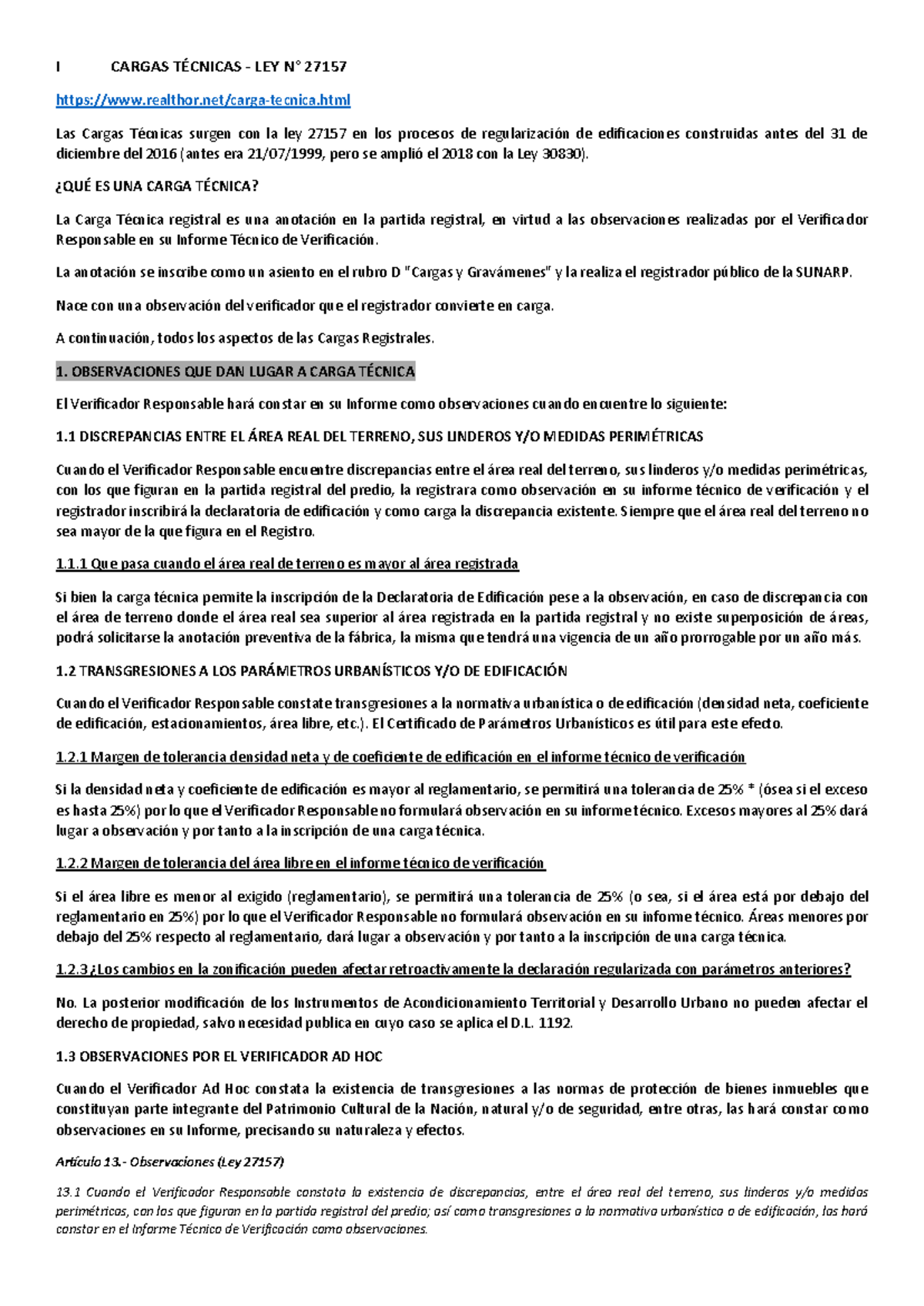 Cargas Técnicas y su Regularización Según Ley 27157: Análisis y Procedimiento - Document Preview