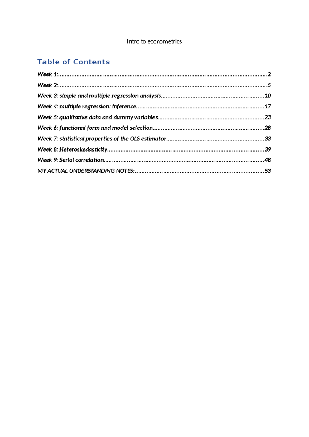 Intro to Econometrics (ECON 101) - Class Notes and Week Summaries - Studocu