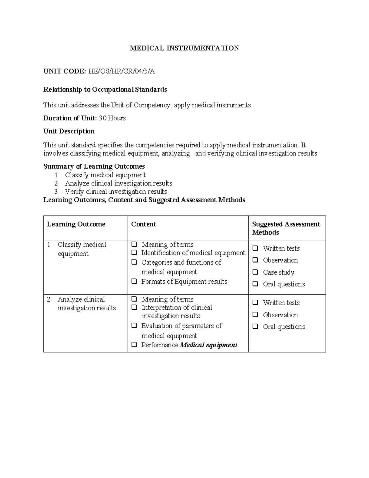 Medical Instrumentation Unit Code: Application to Occupational ...
