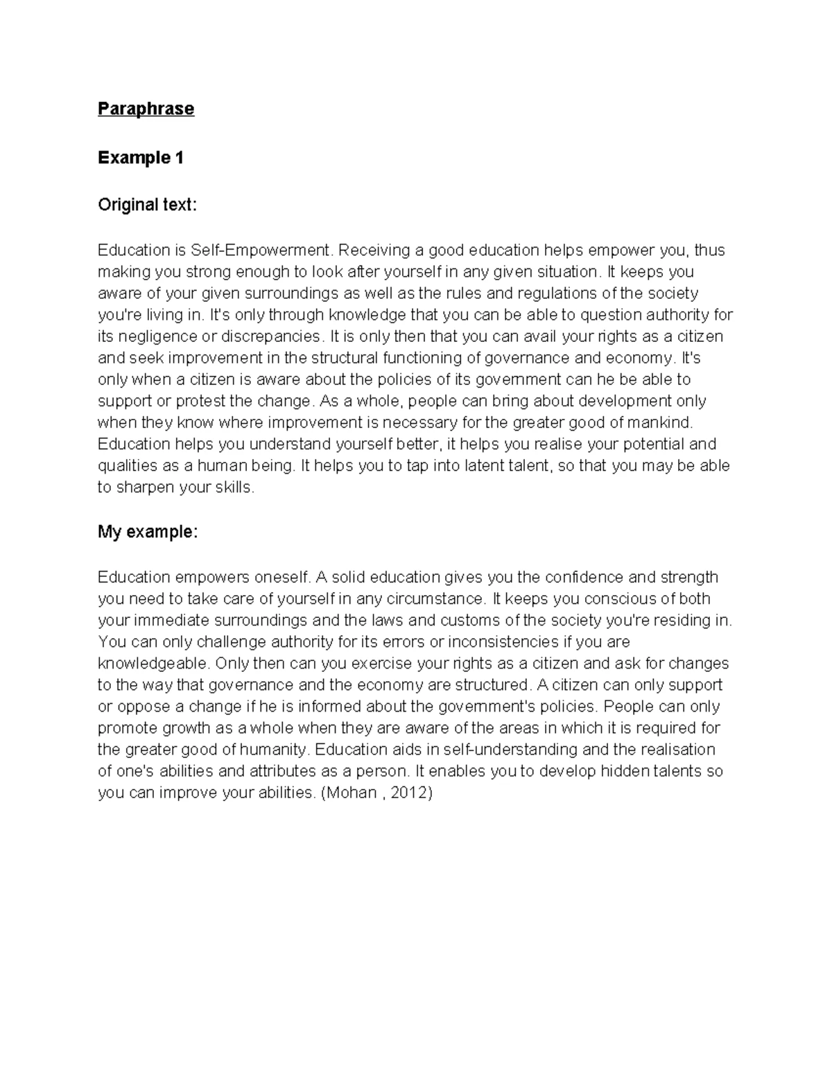 Academic Writing Skills: Paraphrase & Quotation Examples - Studocu