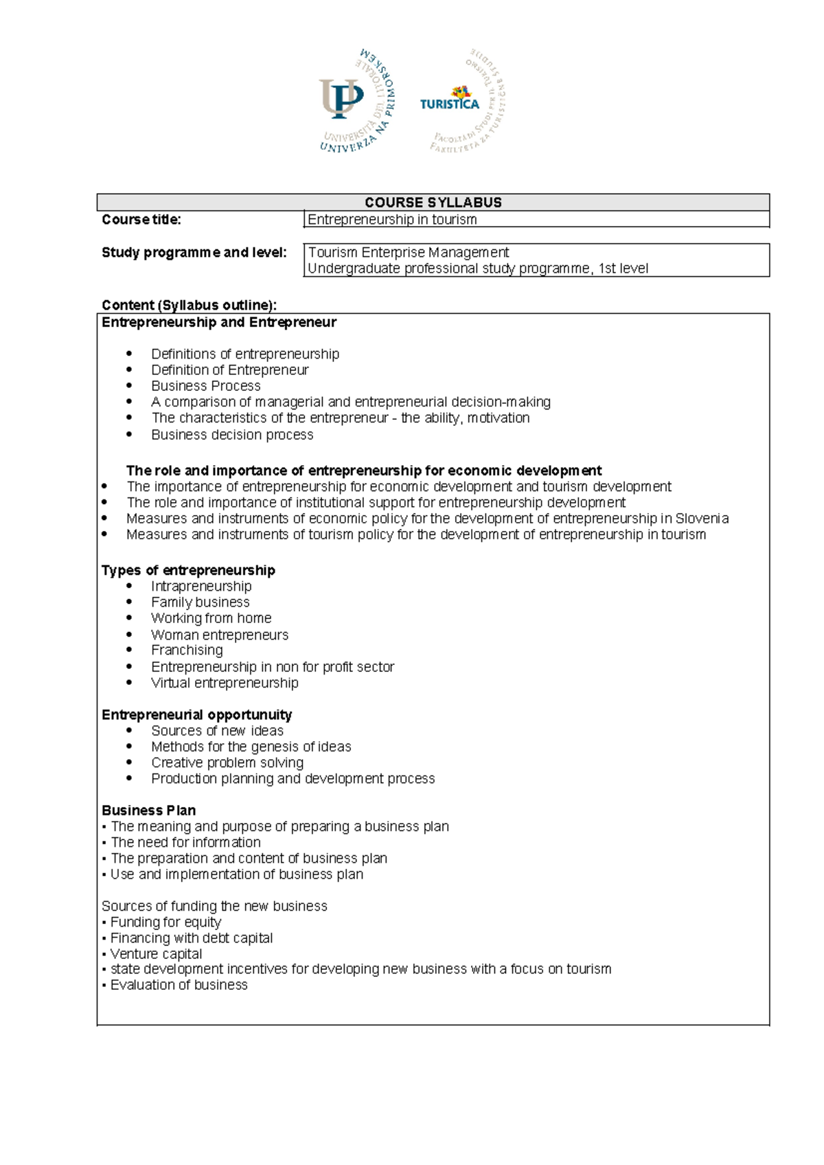 ENT 101: Course Syllabus on Entrepreneurship in Tourism Management ...