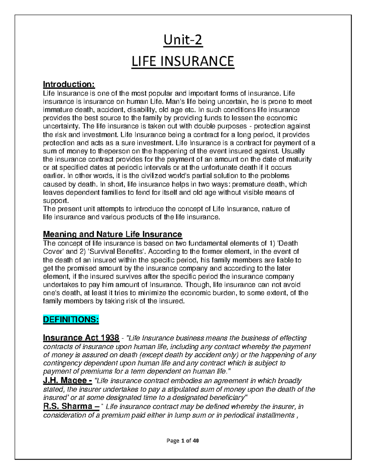 LIFE INSURANCE (Unit 2) - Comprehensive Overview and Product Types ...