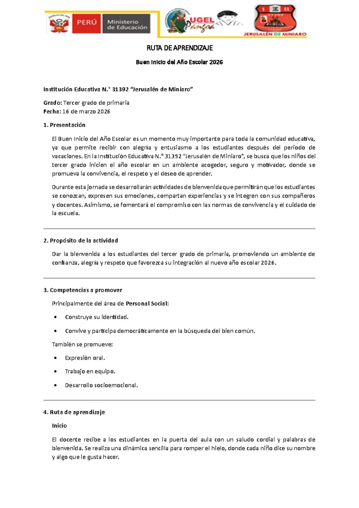 RUTA DE APRENDIZAJE: Buen Inicio del Año Escolar 2026 - 3er Grado - Studocu