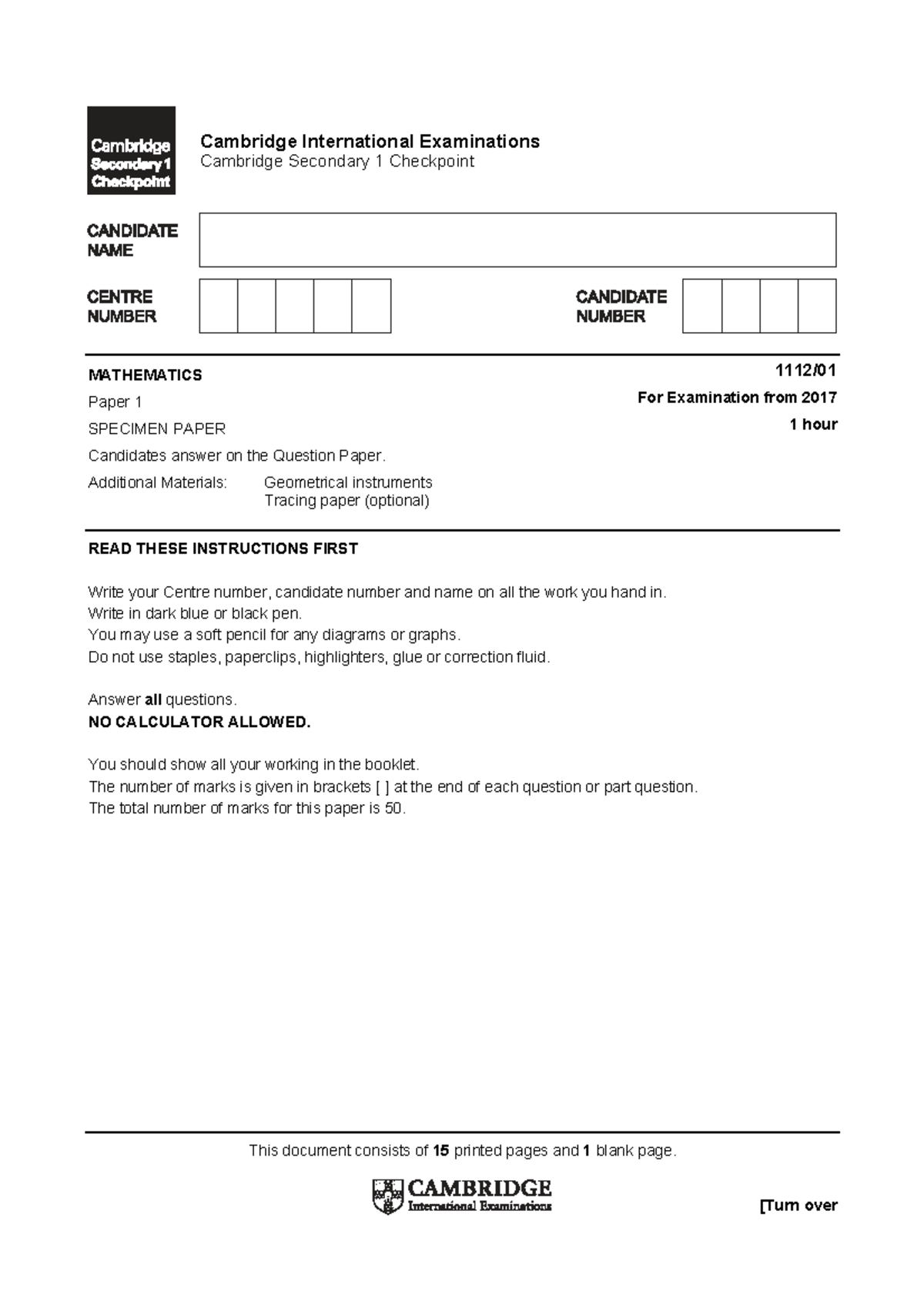 Math Specimen Paper 1 (2017) - Cambridge Checkpoint Mathematics - Studocu